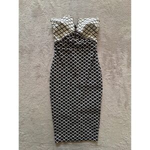 Bec & Bridge Black White Diamond Grid Strapless V-Neck Knee Length Dress Size 2